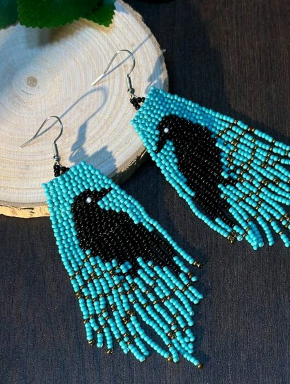 Handmade Turquoise & Black Beaded Raven Earrings